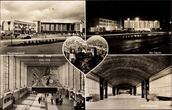 Ak Heidelberg am Neckar, Hauptbahnhof, Bei Nacht, Eingangshalle, Bahnsteighalle, Schloss
