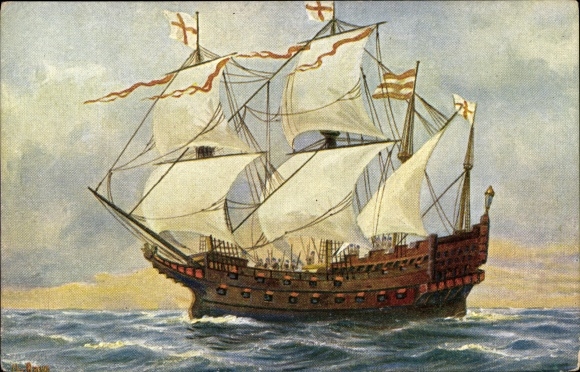 Artist Postcard Rave, Chr., Marine Gallery 98, English Warship, 16th Century