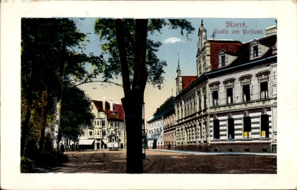 Postcard Moers am Niederrhein, part of the post office, trees, street view, buildings