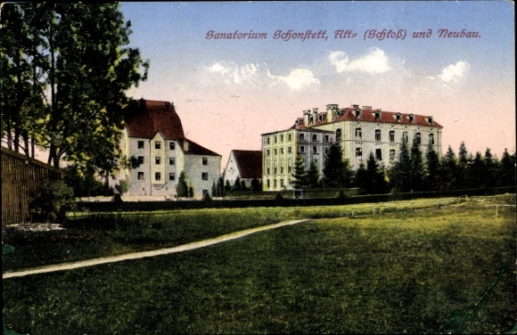 Postcard Schonstett in the Rosenheim district, sanatorium, old building, castle, new building