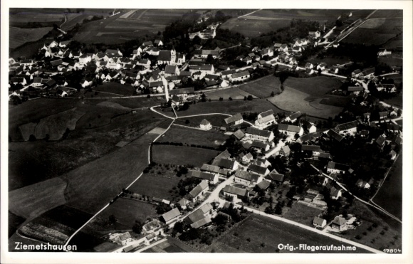 Postcard Ziemetshausen in Swabia, aerial photograph of fields and houses, black and white
