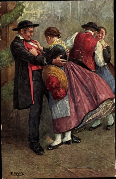 Artist Postcard Reiss, Fritz, Black Forest life, dancers in costumes