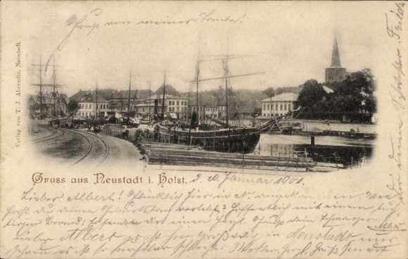 PC Neustadt in Holstein, harbor view, sailing ships, buildings, church in the background, lettering...