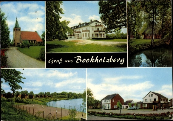 Postcard Bookholzberg Ganderkesee in Oldenburg, Hohenböken recreation center, church, sports field, river