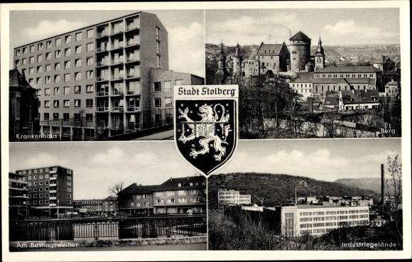 Postcard Stolberg in the Rhineland, hospital, industrial area, at the Bastingsweiher, coat of arms
