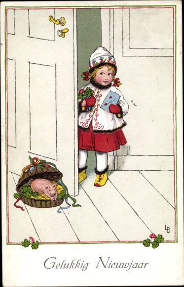 Artist Postcard Döring, L., Happy New Year, child, pig, lucky clover, basket
