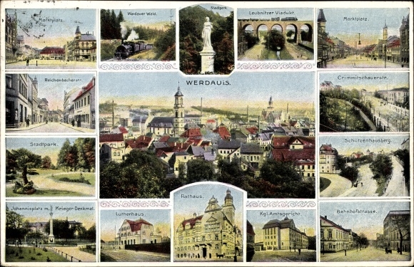 Postcard Werdau on the Pleiße in Saxony, market square, park, Lutherhaus, Kgl. District court, town hall, viaduct