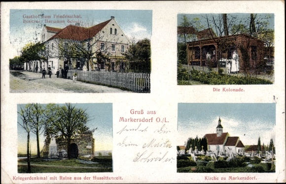 Ak Markersdorf in Oberlausitz Saksen, Gasthof zum Friedensthal, kerk, oorlogsmonument