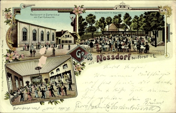 Litho Noßdorf Forst in der Niederlausitz, Restaurant mit Kegelbahn