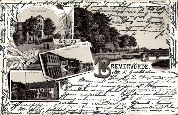 litho Bremervörde in Nedersaksen, haven, landbouwschool, districtskantoor, Neue Straße