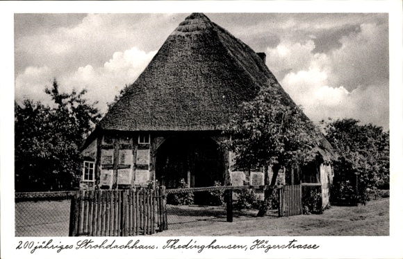 Postcard Thedinghausen in Lower Saxony, Jägerstraße, 200th century thatched roof house