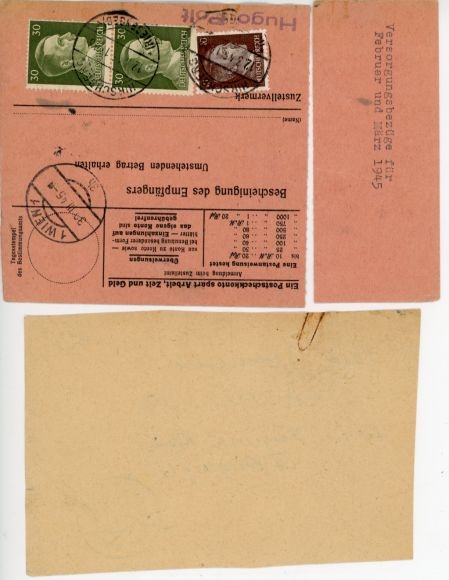 Postal order No. 794 "Hirschberg (Riesengeb.) 12.3.45" with certificate of origin