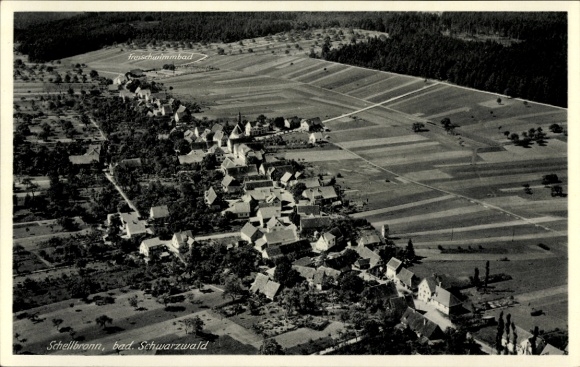 Postcard Marxzell in the Black Forest, aerial view of Schellbronn, outdoor swimming pool, fields and buildings