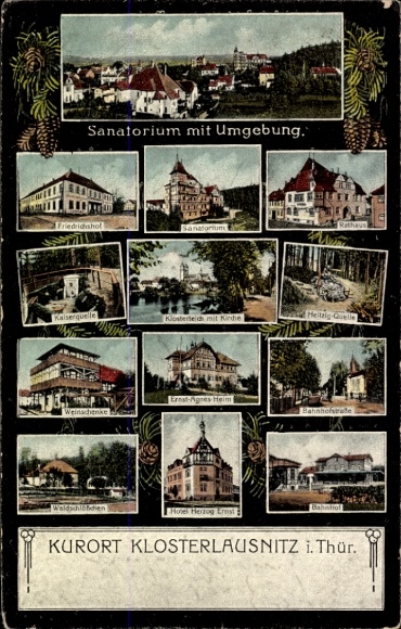 Ak Bad Klosterlausnitz in Thüringen, Sanatorium, Rathaus, Kaiserquelle, Klosterteich, Hotel Herzo
