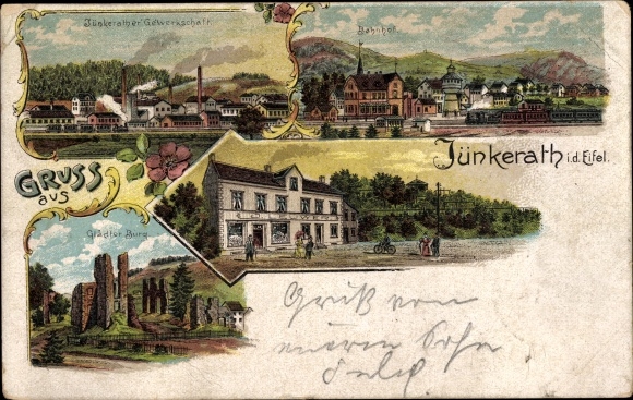 Chromo-Litho Jünkerath in the Eifel, Glaadter Castle, union, train station