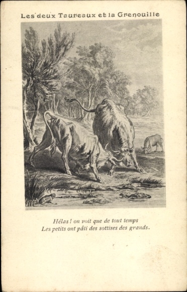 Postcard Fabel, Les Deux Taureaux et une Grenouille