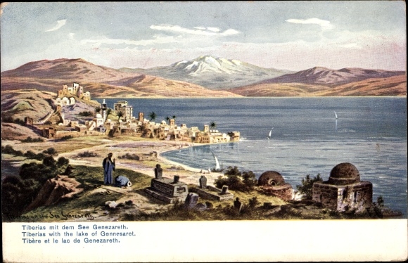Artist PC Perlberg, F., Tiberias Israel, Panorama, Sea of Galilee