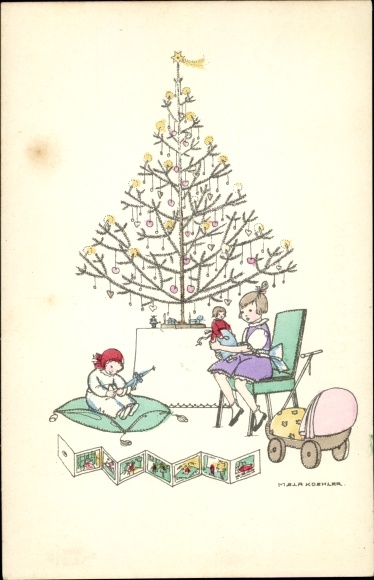 Artist PC Köhler, Mela, Merry Christmas, girl with doll, toy, Christmas tree