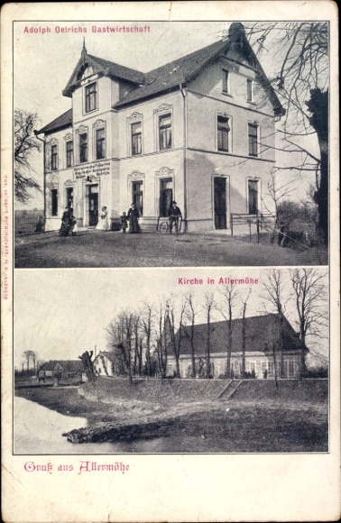 Ak Hamburg Bergedorf Allermöhe, herberg Adolph Oelrich, kerk
