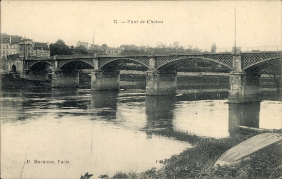 Ak Chatou Yvelines, Brücke über Wasser, Flusslandschaft, Häuser im Hintergrund