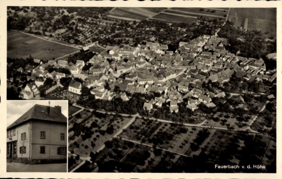 Postcard Fauerbach vor der Höhe Butzbach in the Taunus Hesse, aerial photograph, shop Fritz Löw