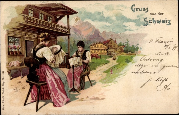 Chromo-Litho greetings from Switzerland, women in traditional costumes embroidering