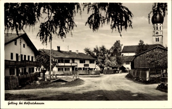 Postcard Gelting Geretsried in Upper Bavaria, beautiful landscape, rural buildings, road, church tower