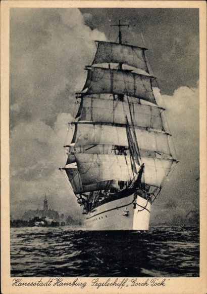 Ak Hamburg, zicht op het zeilende opleidingsschip Gorch Fock