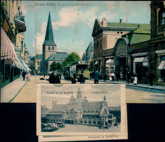 Ak Essen im Ruhrgebiet, Burgstrasse mit Museum, Hauptbahnhof, Stadtgarten, s Ambiente