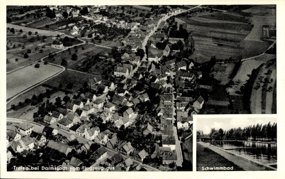Postcard Traisa Mühltal in the Odenwald Hesse, aerial view of Traisa, swimming pool