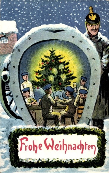 Ak Gefeliciteerd Kerstmis, soldaten bij de kerstboom, hoefijzer