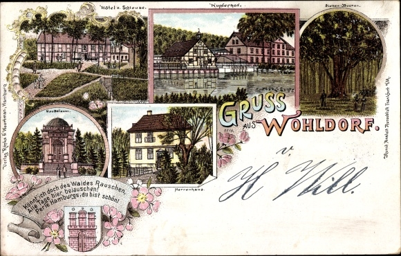 litho Hamburg Wohldorf Ohlstedt, Hotel zur Schleuse, Kupferhof, Mausoleum, Herenhuis, Siebenbuchen