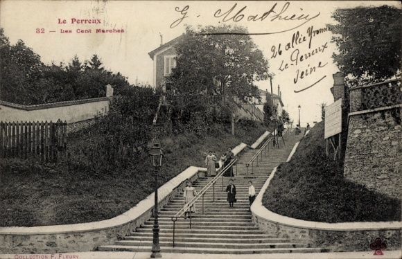 Ak Le Perreux sur Marne Val de Marne,  Les Cent Marches, Treppe, Passanten, G. Mathieu