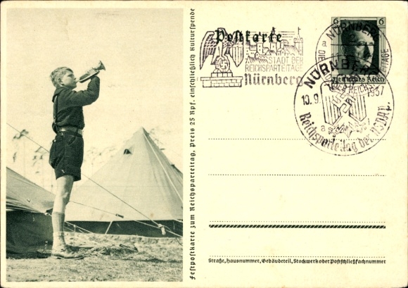 Postal stationery Postcard HJ Pimpf blows the roll call, tent camp, Nazi Party Rally 1937
