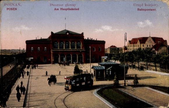 Postcard Poznań Posen, main station, railway post office, tram