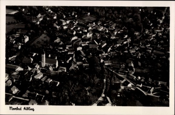 Postcard Bad Aibling in Upper Bavaria, aerial view of many houses, landscape, church