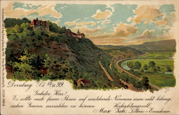 Artist Chromo-Litho Joost, R., Dornburg in Thuringia, Panorama, 3rd Thuringian Anhalt State Lottery