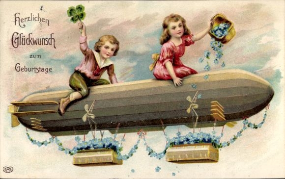 Postcard Children on the move with Zeppelin, Forget-me-not, Srdecne prani