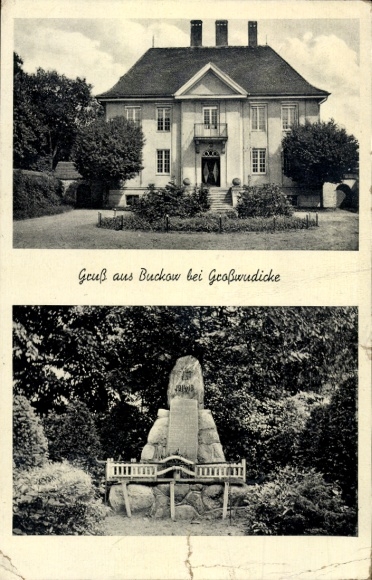 Ak Groß Buckow Großwudicke im Havelland, Wohngebäude, Garten,  Grabmal