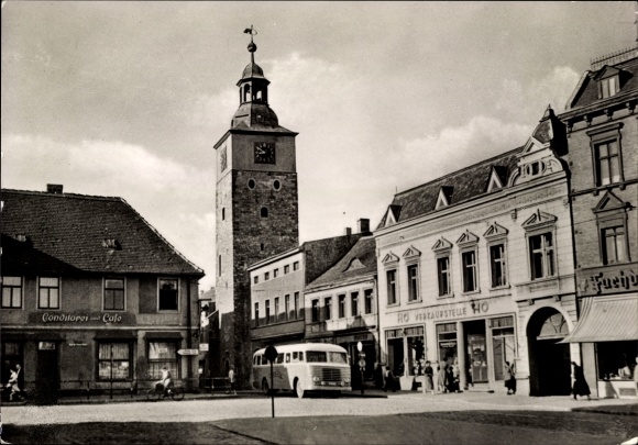 Postcard Salzelmen Schönebeck on the Elbe, place of the DSF, Conditorei Cafe, HO point of sale, bus