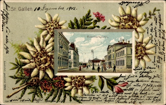 Präge Passepartout Litho Sankt Gallen Stadt Schweiz, Bahnhofsplatz, Edelweiß