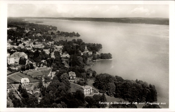 Postcard Tutzing on Lake Starnberg Upper Bavaria, aerial view of Tutzing, Lake Starnberg, from a Fl