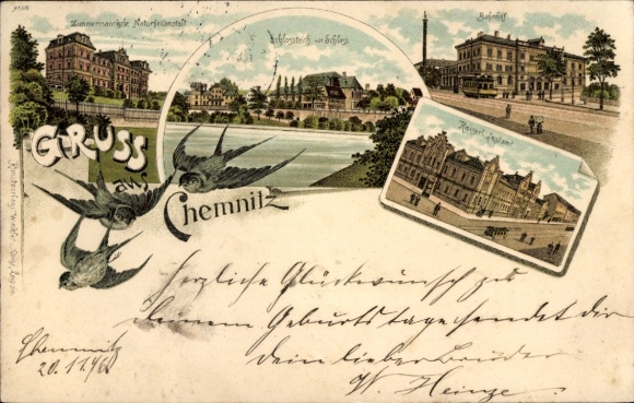 Chromo-Litho Chemnitz in Saxony, Zimmermann Naturheilanstalt, castle pond, train station, post office