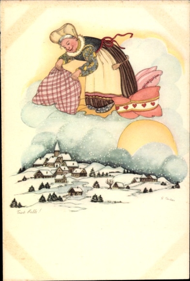 Künstler Ak Alte Frau streut Schnee, Winter, Kissen, Kitsch