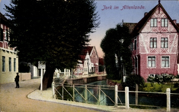 Postcard Jork in the Altes Land, houses on the water, tree, street,