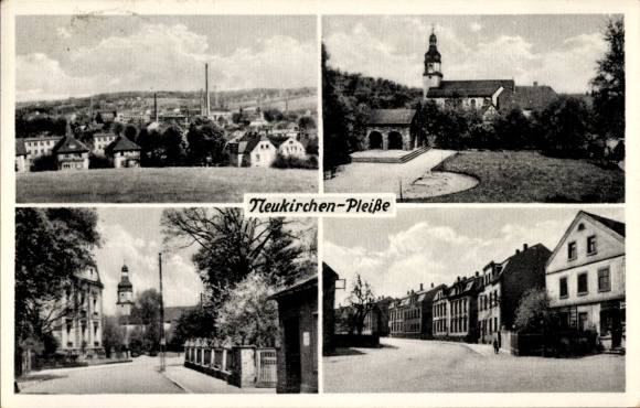 Postcard Neukirchen an der Pleiße, general view, street section, church