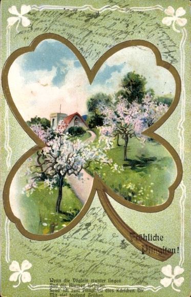 Passepartout Embossed Chromo-Litho Congratulations Pentecost, View of a Village, Flowering Trees, Lucky Clover