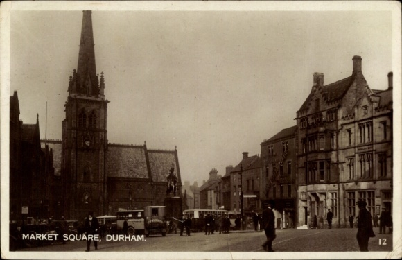 Postcard Durham North East England, market square, historic buildings, statue, cars