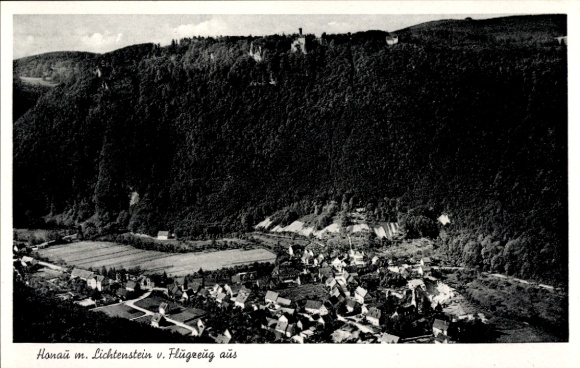 Postcard Honau Lichtenstein in Württemberg, aerial view of Honau with Lichtenstein, mountain landscape, Hä