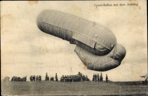 Ak-gevangenballon vóór de beklimming, vliegerballon, observatieballon, I. WW